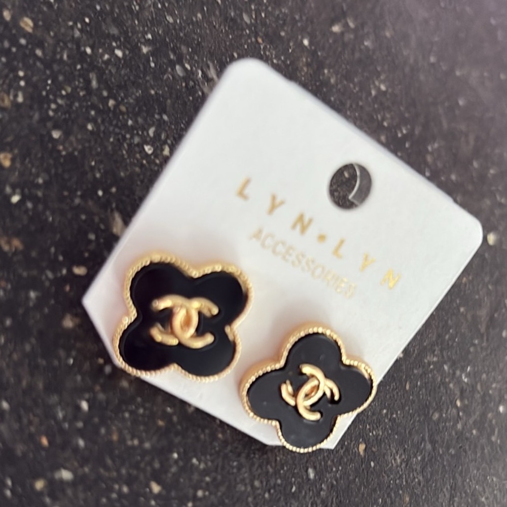Gold and Opal White LV Gucci Logo Earrings - designer bling - Picture 4 of 14